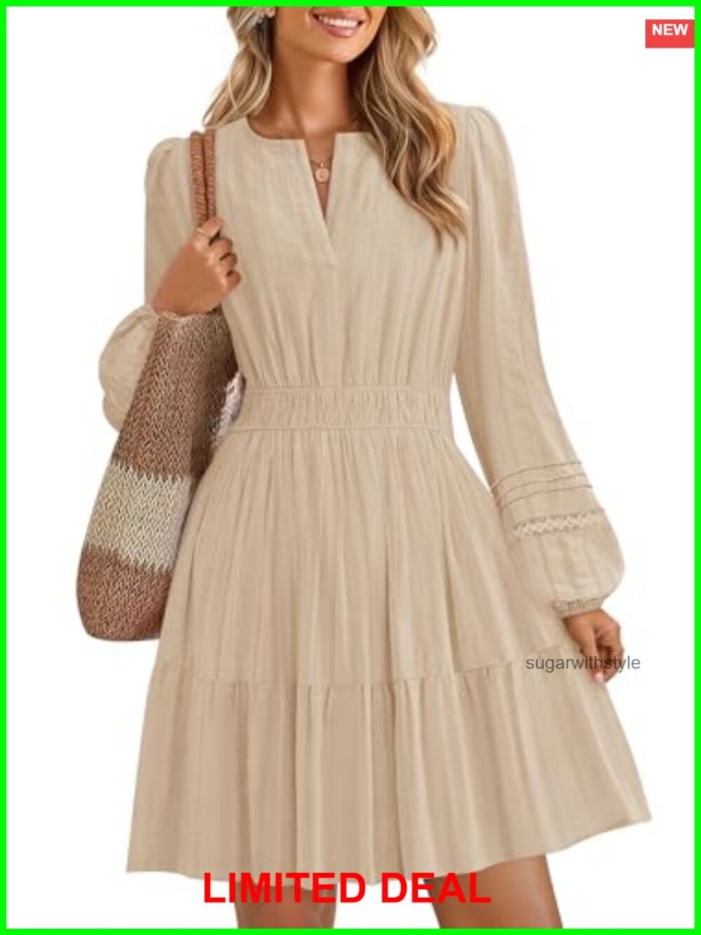 100% Cotton V Neck Long Sleeve Flowy Mini Dress with Pockets